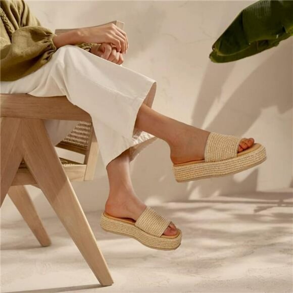 Platform Espadrille Sandals Women Slip On Wedge Slides Open Toe Beach Shoes - Picture 2 of 7